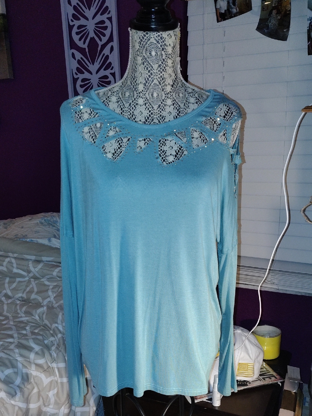 Vocal Light Blue Long Sleeve Cutout Yoke Top